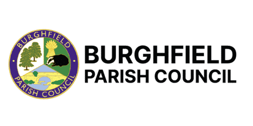 Burghfield Parish Council logo with trees, a badger, and landscape.