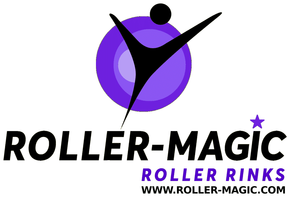 Logo with a purple circle, stylized figure, and text: "ROLLER-MAGIC ROLLER RINKS www.roller-magic.com".