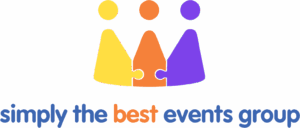 Logo with three colorful abstract people above the words "simply the best events group".