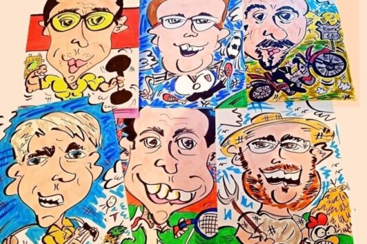 Six colorful caricature portraits of men with various hobbies, including sports and motorcycling.
