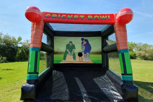 Inflatable cricket bowling game with a target hole, set up outdoors on grass under a blue sky.