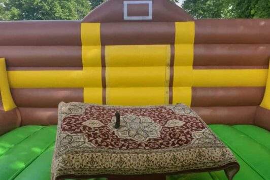 Inflatable ride with a magic carpet design on green and brown bouncy floor, outdoors with trees in background.