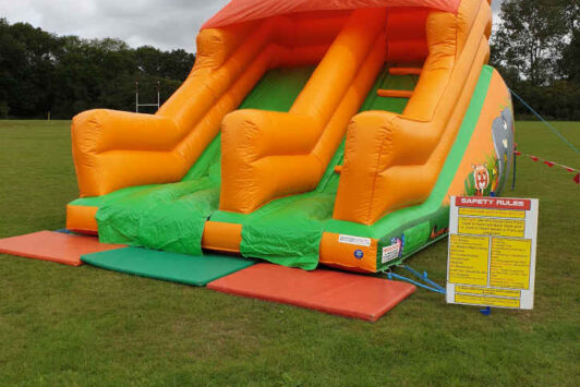 Inflatable jungle-themed slide on grass with safety rules sign nearby.